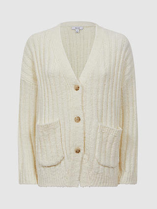 Reiss Annie Relaxed Fit Ribbed Wool Blend Cardigan, Neutral