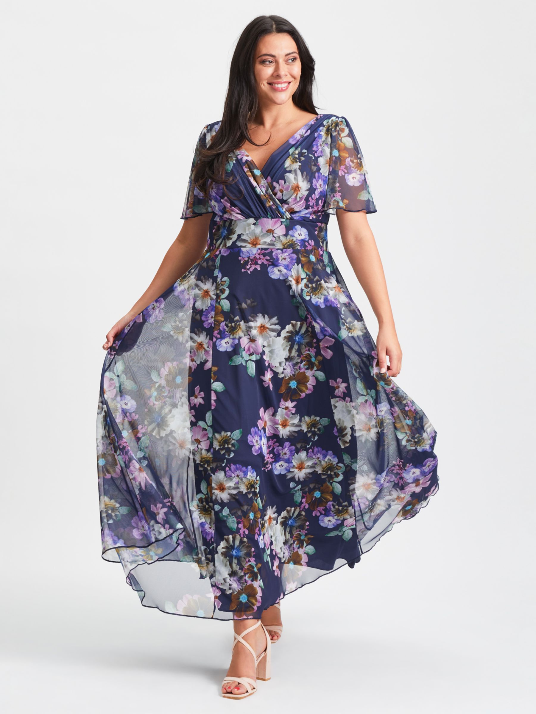 Scarlett & Jo Isabelle Angel Sleeve Maxi Dress, Dark Navy Multi