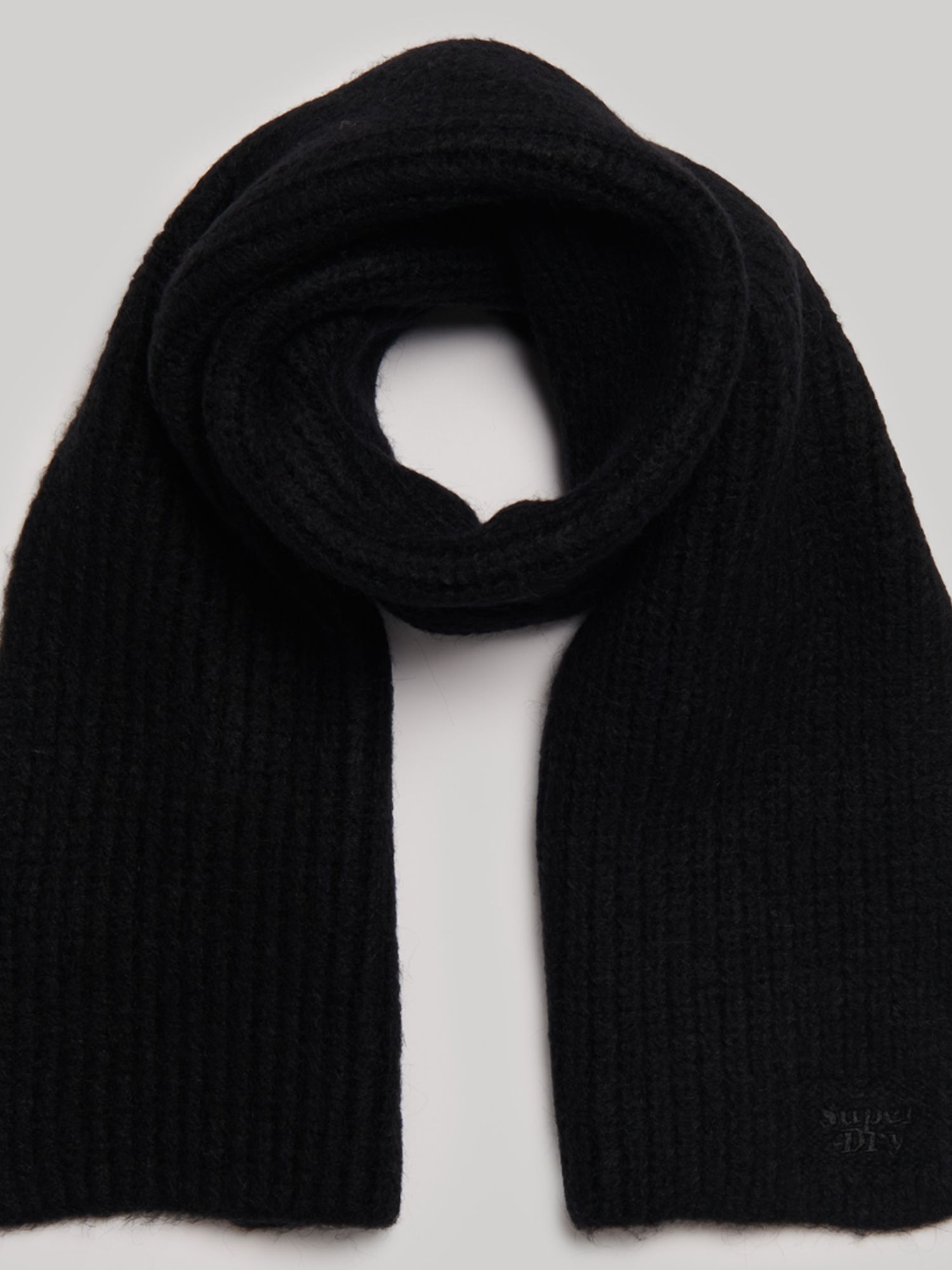 Superdry Ribbed Knit Wool Blend Scarf, Black at John Lewis & Partners