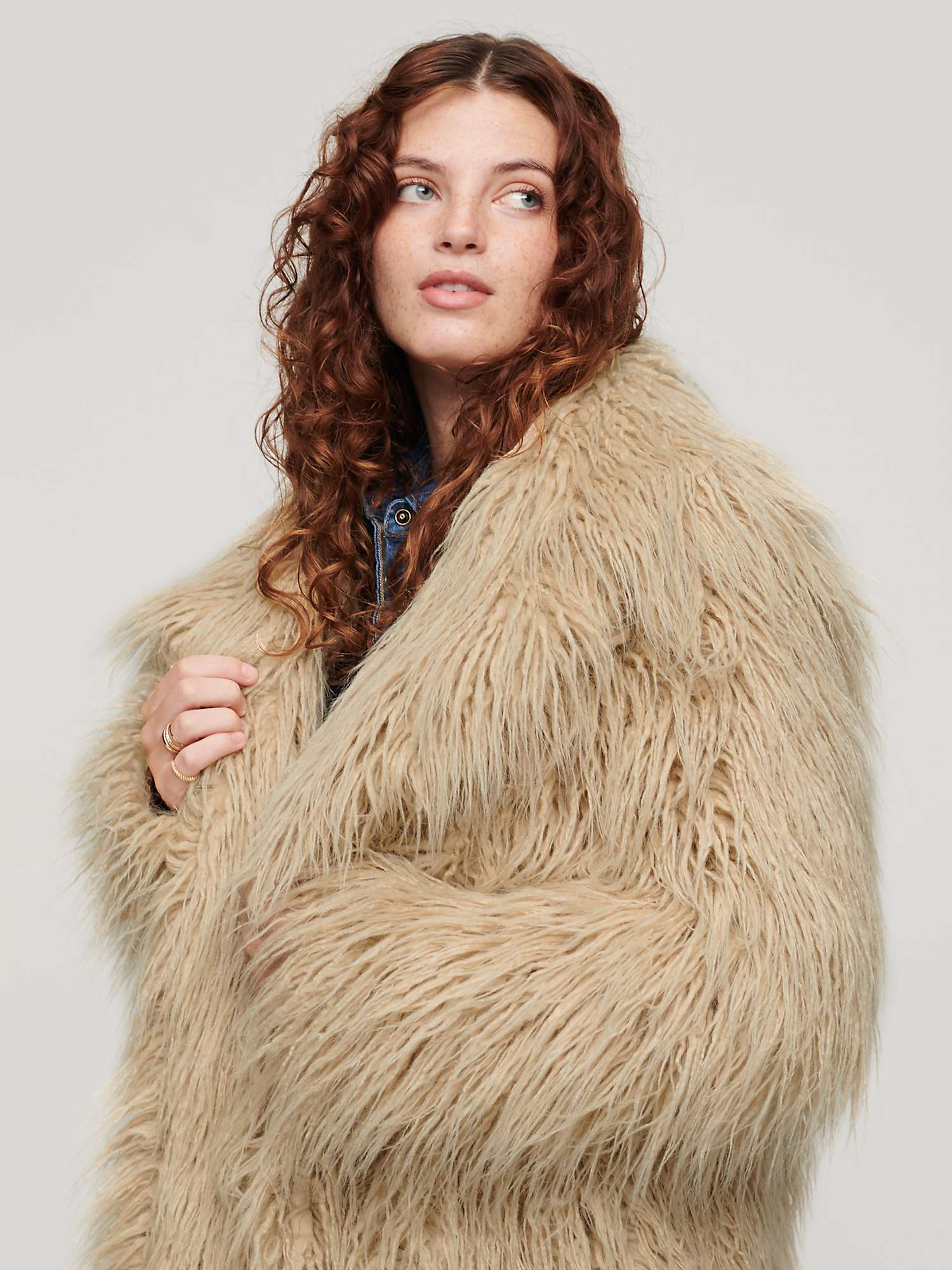 Superdry Mid Length Faux Fur Coat, Biscuit at John Lewis & Partners