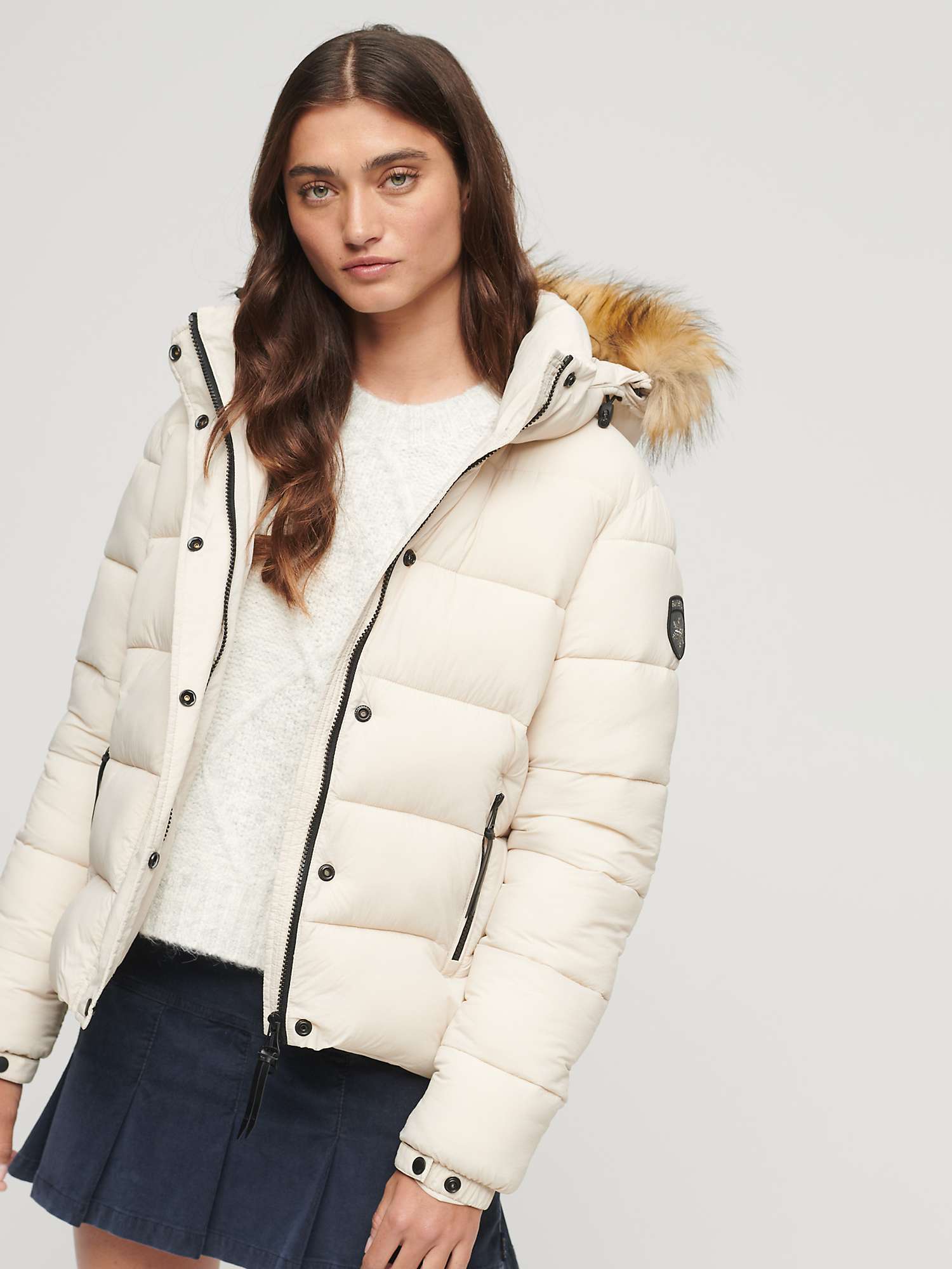 Superdry Faux Fur Hooded Puffer Jacket, Rainy Day Grey at John Lewis ...