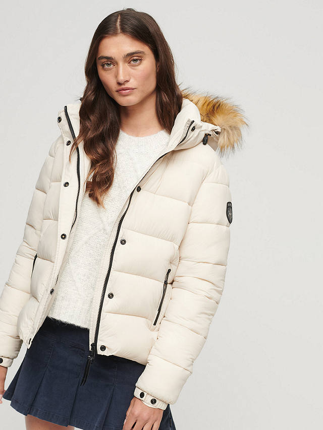 Superdry Faux Fur Hooded Puffer Jacket, Rainy Day Grey