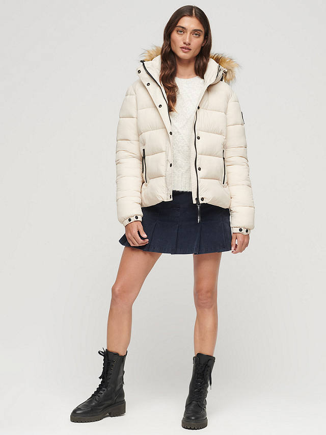 Superdry Faux Fur Hooded Puffer Jacket, Rainy Day Grey