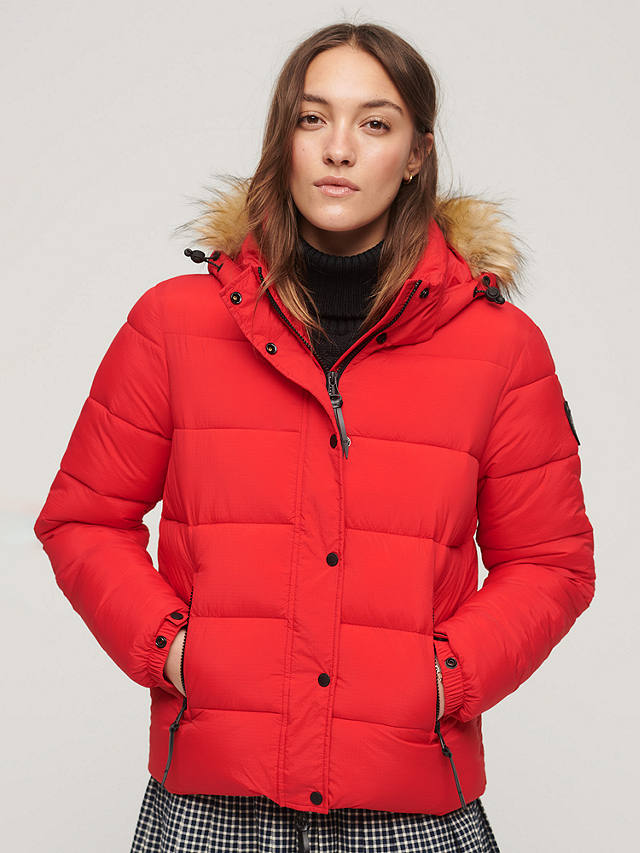 Superdry Faux Fur Hooded Puffer Jacket, High Risk Red at John Lewis ...