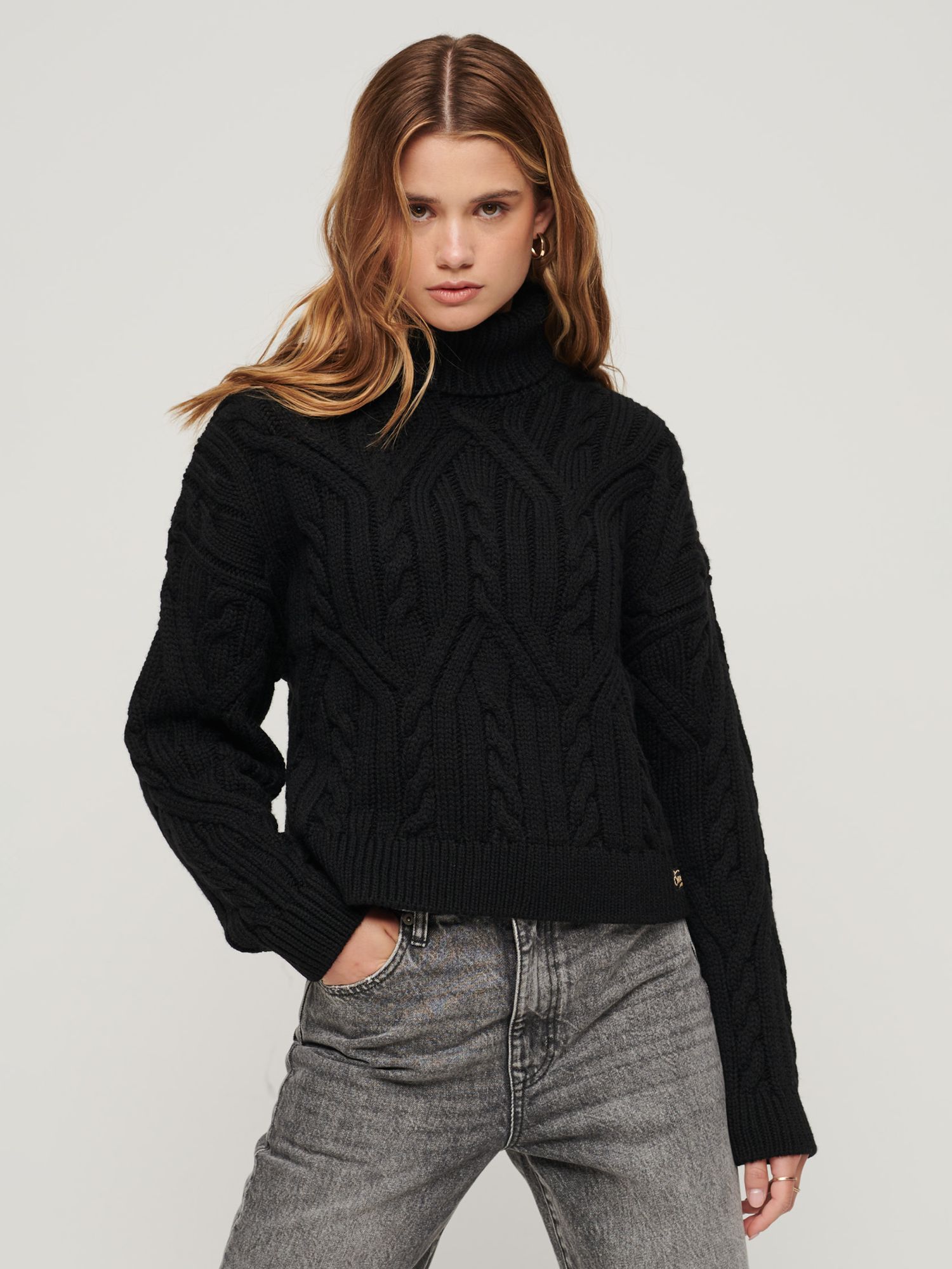 Superdry Ywist Cable Wool Blend Knit Jumper, Black at John Lewis & Partners