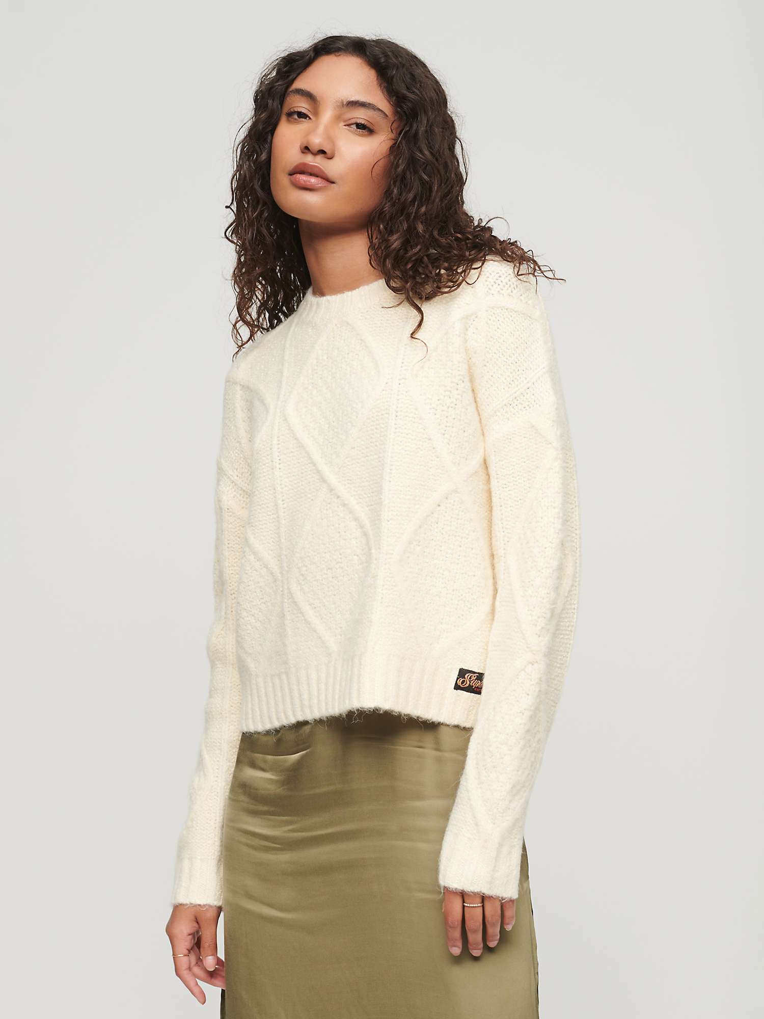 Superdry Chunky Wool Blend Cable Knit Jumper, Coconut Milk White at ...