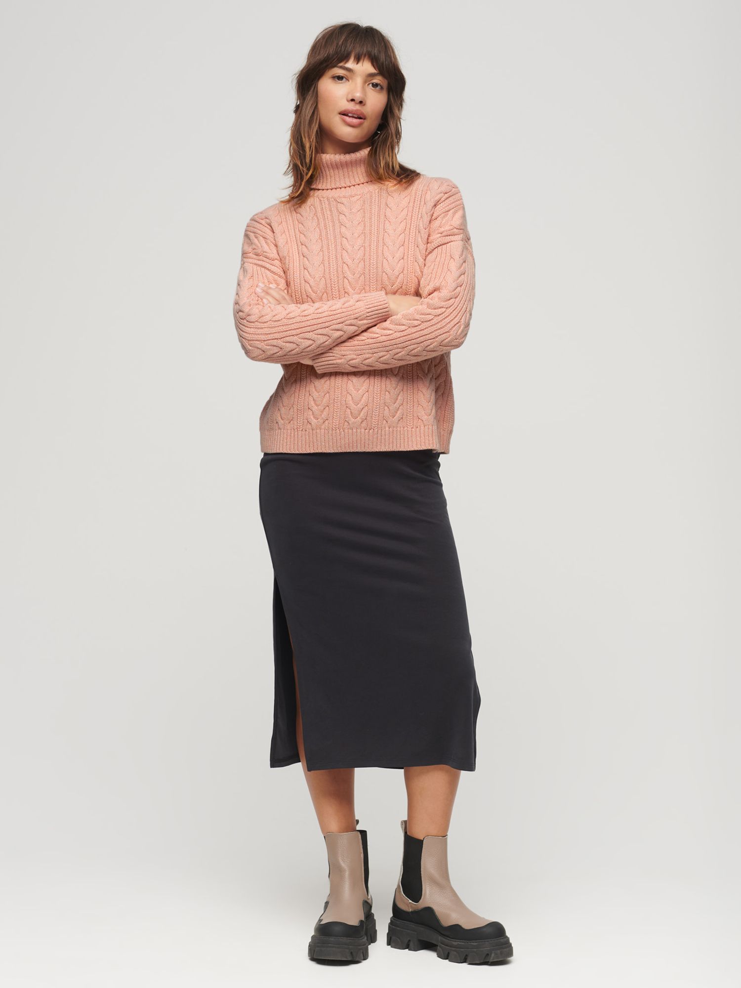 Superdry Cable Knit Roll-Neck Jumper, Nappa Pink Twist at John Lewis ...