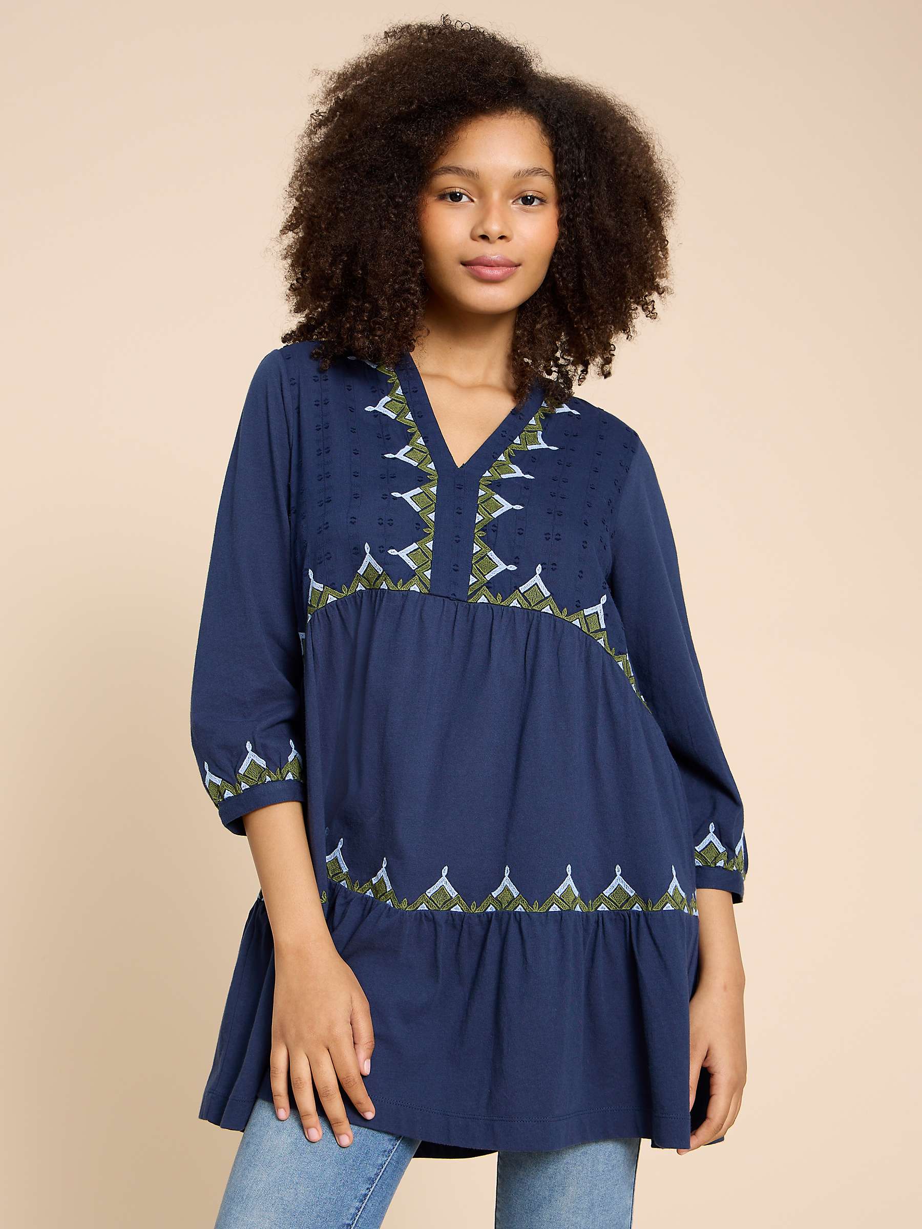 Buy White Stuff Embroidered Tunic Top, Navy/Multi Online at johnlewis.com
