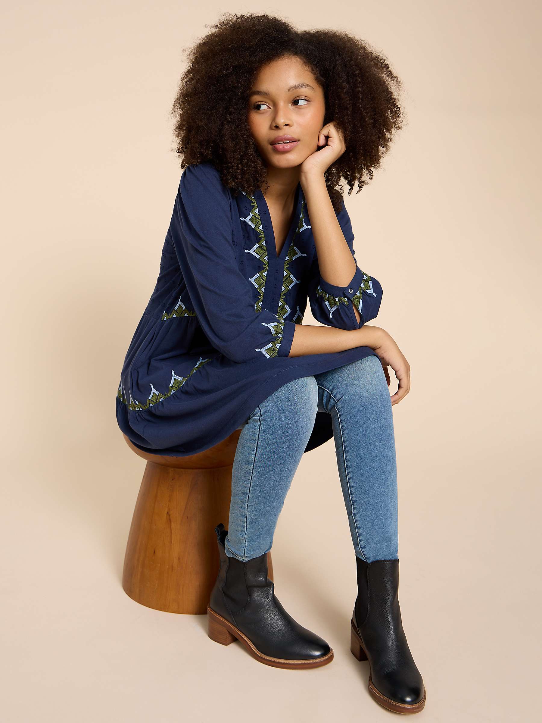 Buy White Stuff Embroidered Tunic Top, Navy/Multi Online at johnlewis.com