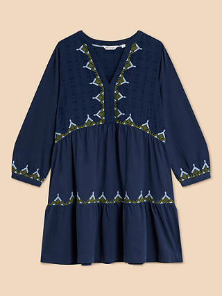 White Stuff Embroidered Tunic Top, Navy/Multi