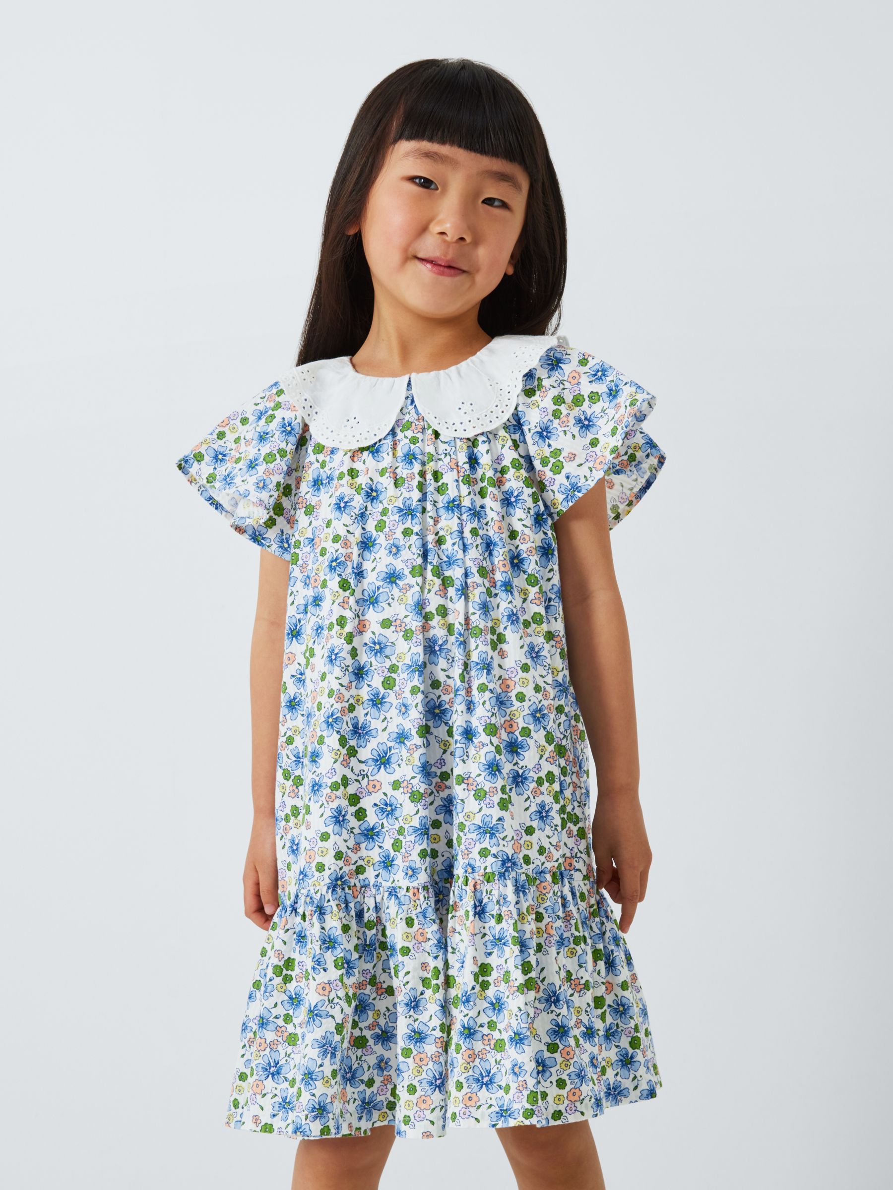 John Lewis Kids' Floral Broderie Anglaise Collar Dress, Multi, 4 years