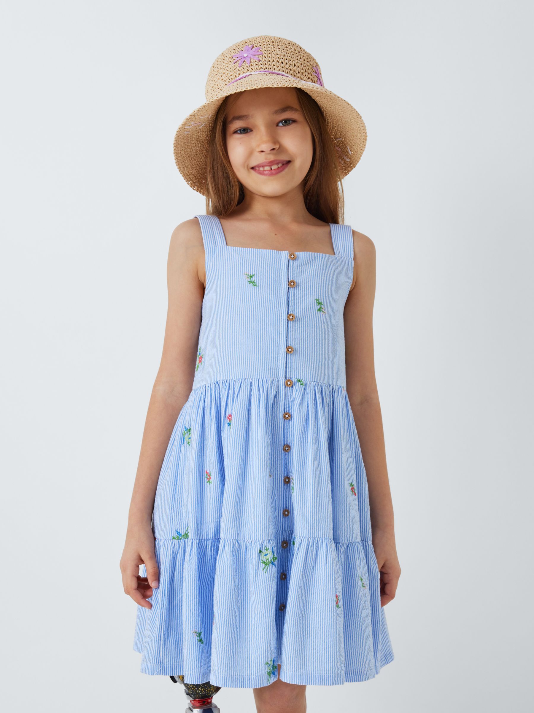 John Lewis Kids' Pinstripe Embroided Tiered Dress, Blue/White, 4 years
