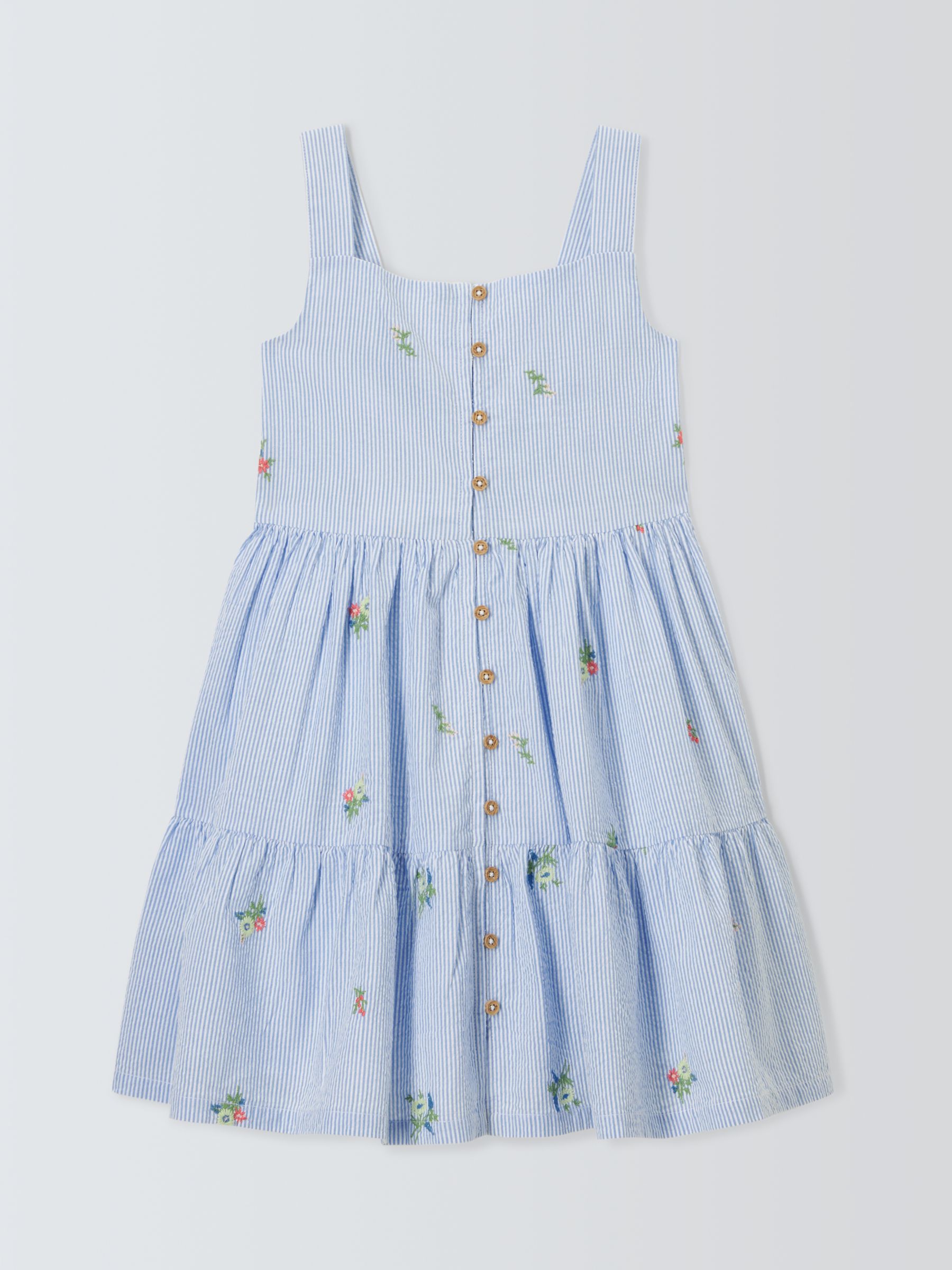 John Lewis Kids' Pinstripe Embroided Tiered Dress, Blue/White, 4 years