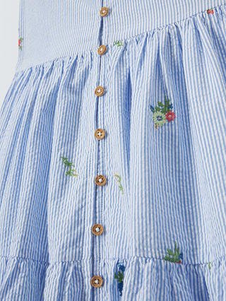 John Lewis Kids' Pinstripe Embroided Tiered Dress, Blue/White