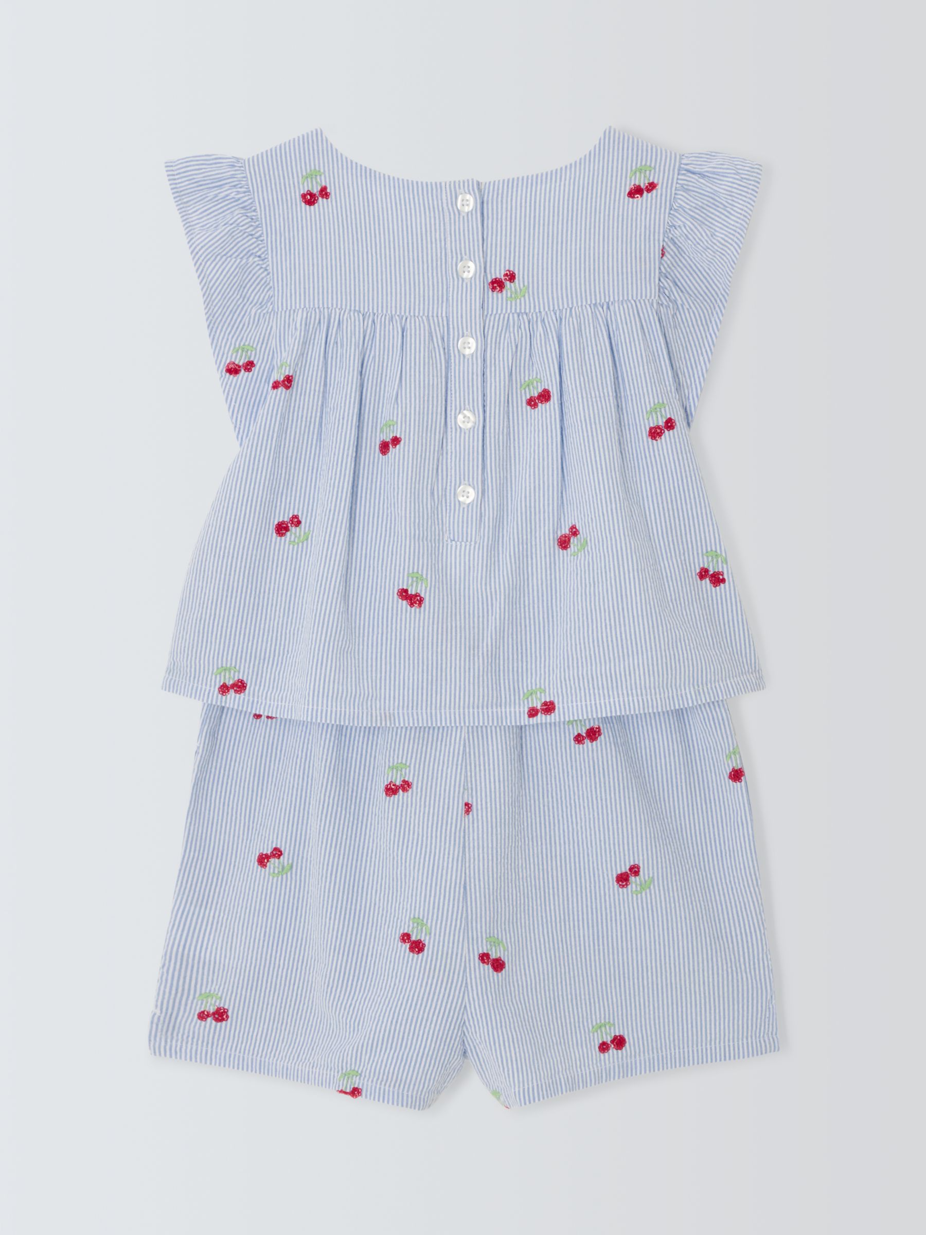 John Lewis Kids' Embroidered Cherry Stripe Print Playsuit, Blue/White, 9 years