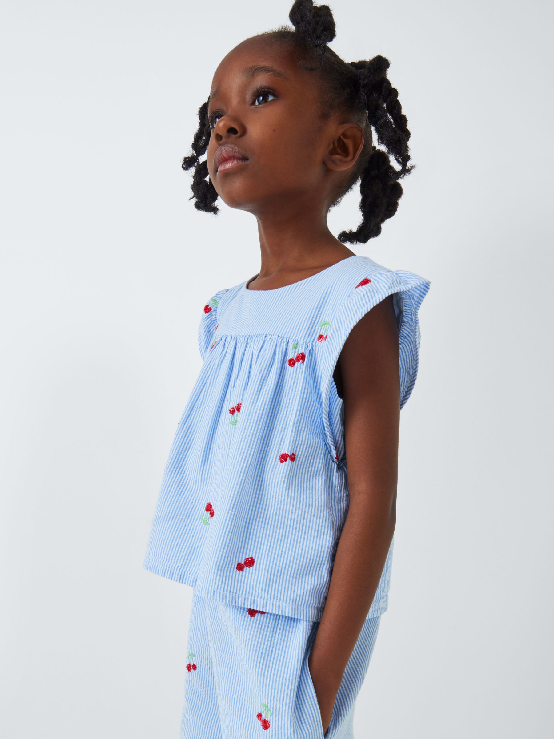 Buy John Lewis Kids' Embroidered Cherry Stripe Print Playsuit, Blue/White Online at johnlewis.com