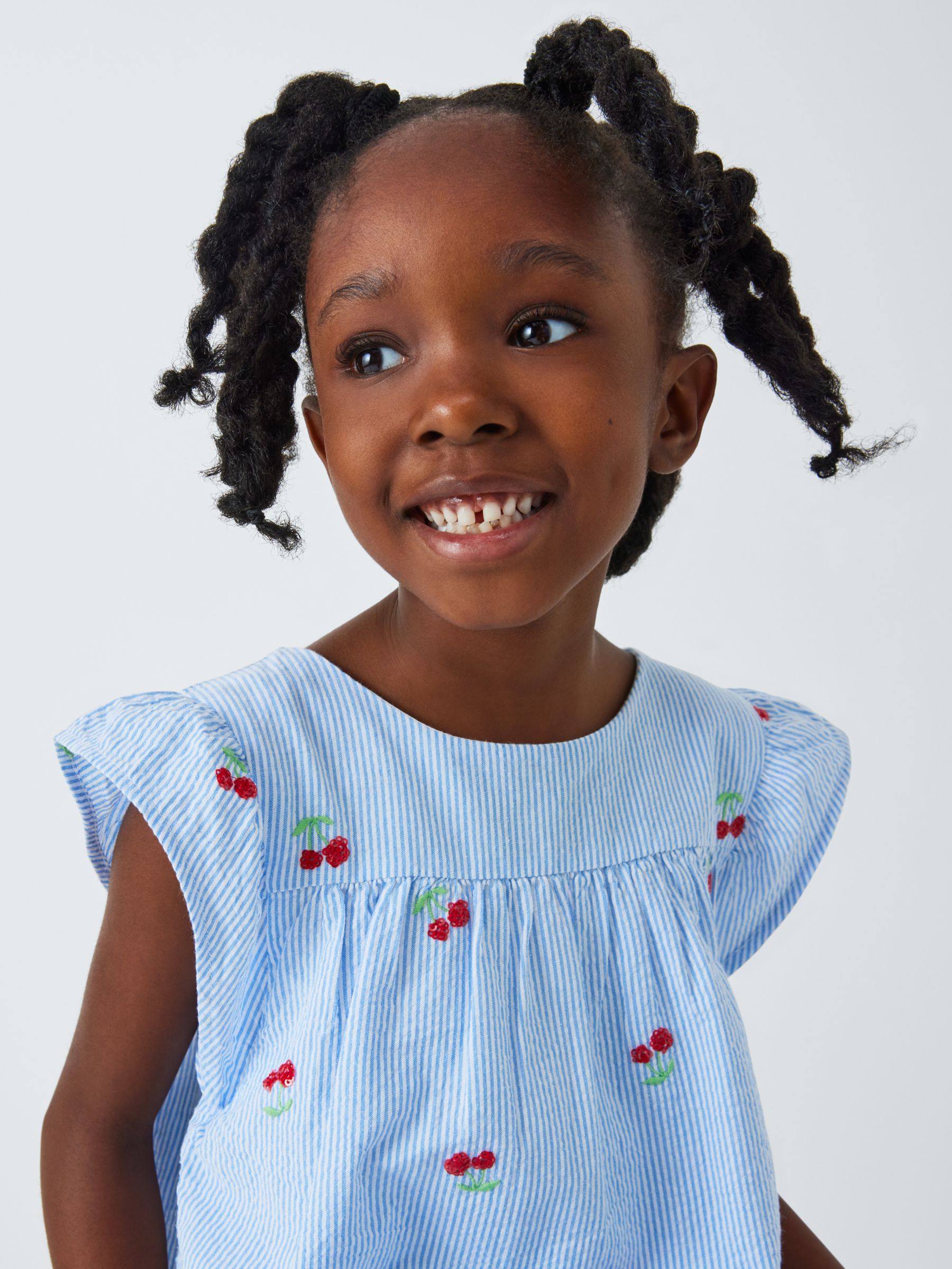 John Lewis Kids' Embroidered Cherry Stripe Print Playsuit, Blue/White, 9 years