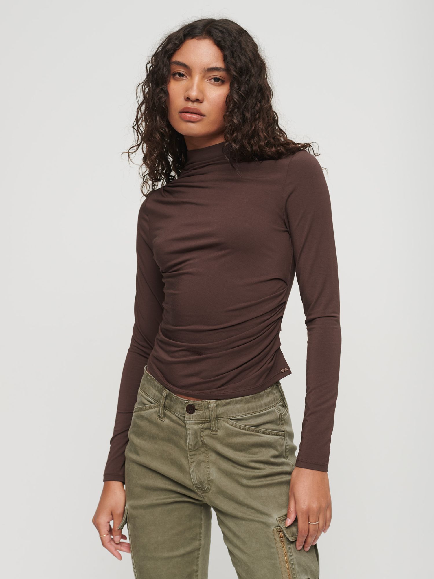 Superdry High Neck Ruched Jersey Top, Brown Chicory Coffee at John ...