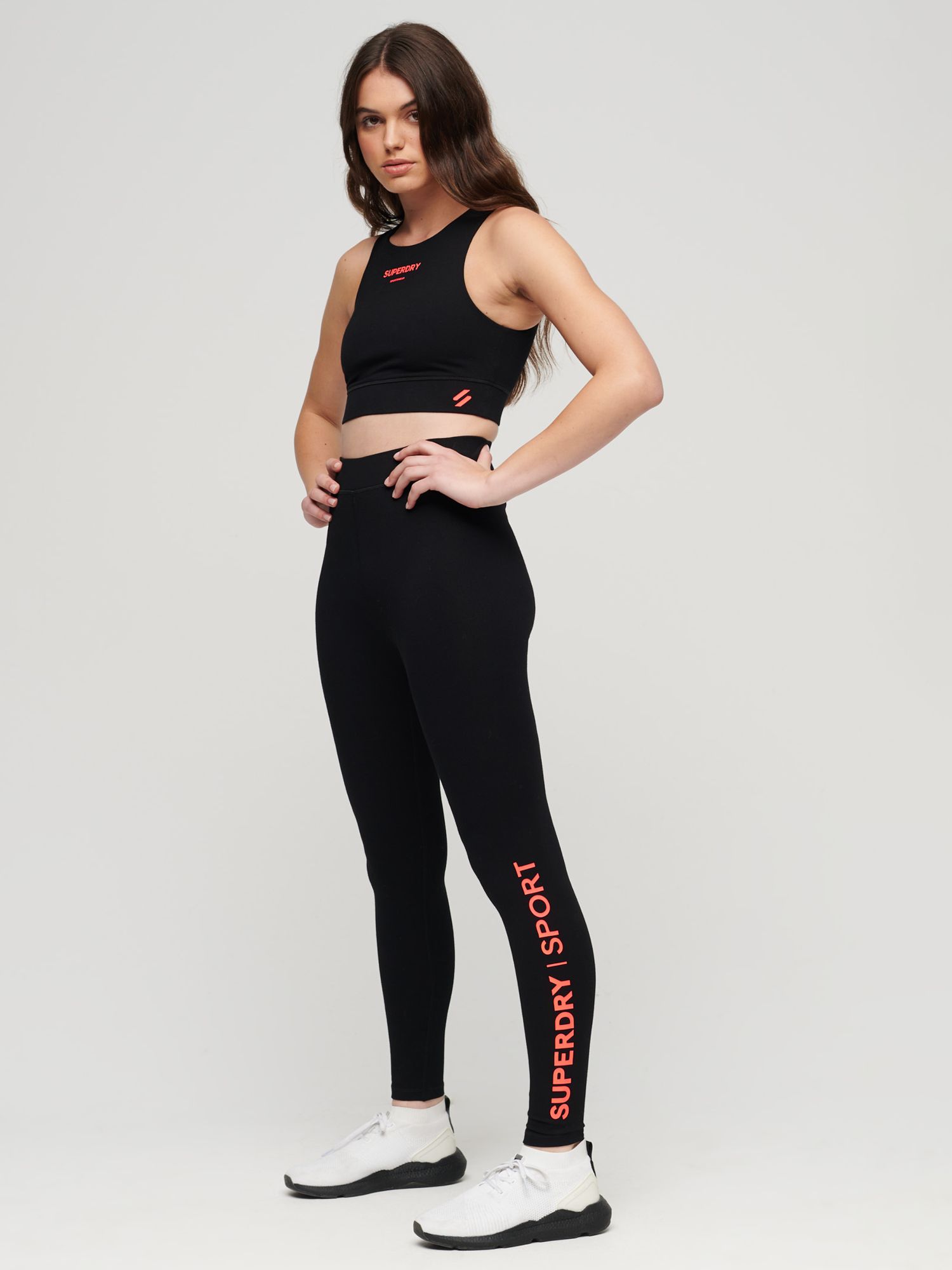 Superdry Core Sports Bra Top, Black/Coral at John Lewis & Partners