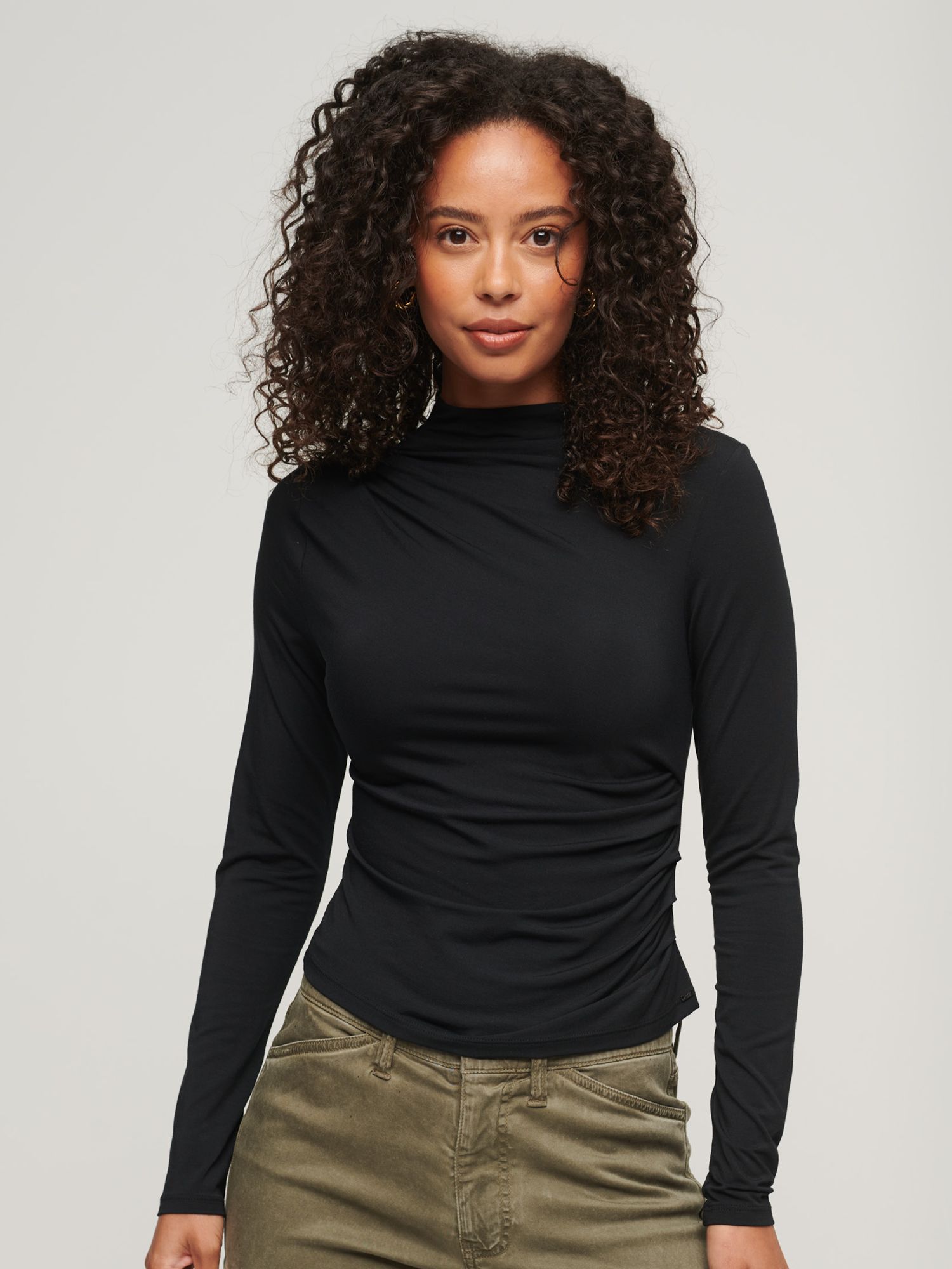 Women's Long Sleeve Ruched Mock Neck Top in Brown Chicory Coffee