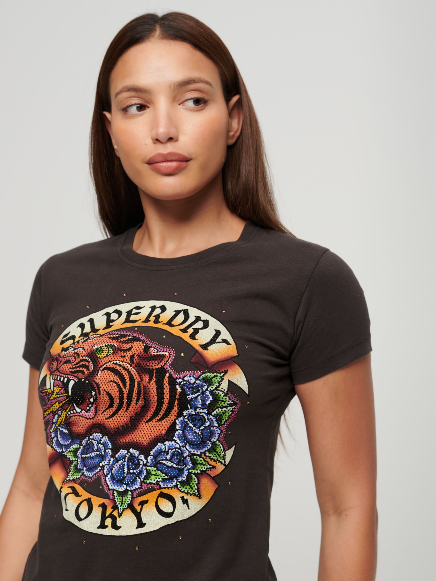 Buy Superdry Tattoo Rhinestone Tiger T-Shirt, Carbon Black/Multi Online at johnlewis.com