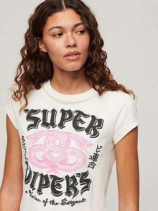 Superdry Embroidered Cap Sleeve Cotton T-Shirt, Ecru
