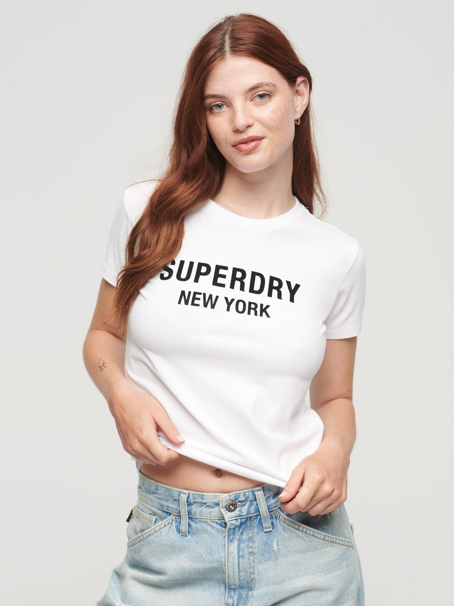 Superdry Sport Luxe Logo Fitted Cropped T-Shirt, White/Black, 12