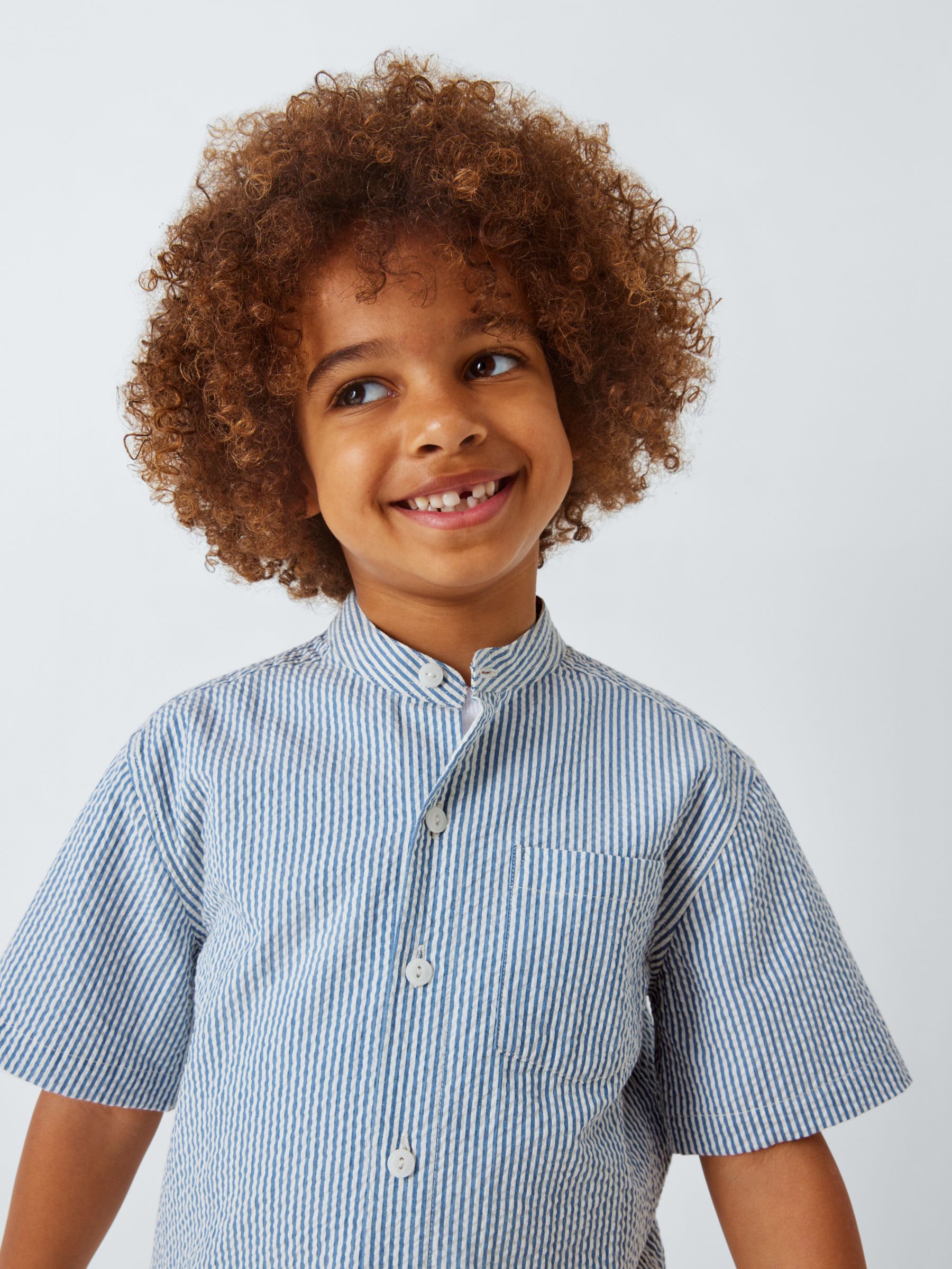 John Lewis Kids' Stripe Seersucker Cotton Short Sleeve Shirt, Blue, 4 years