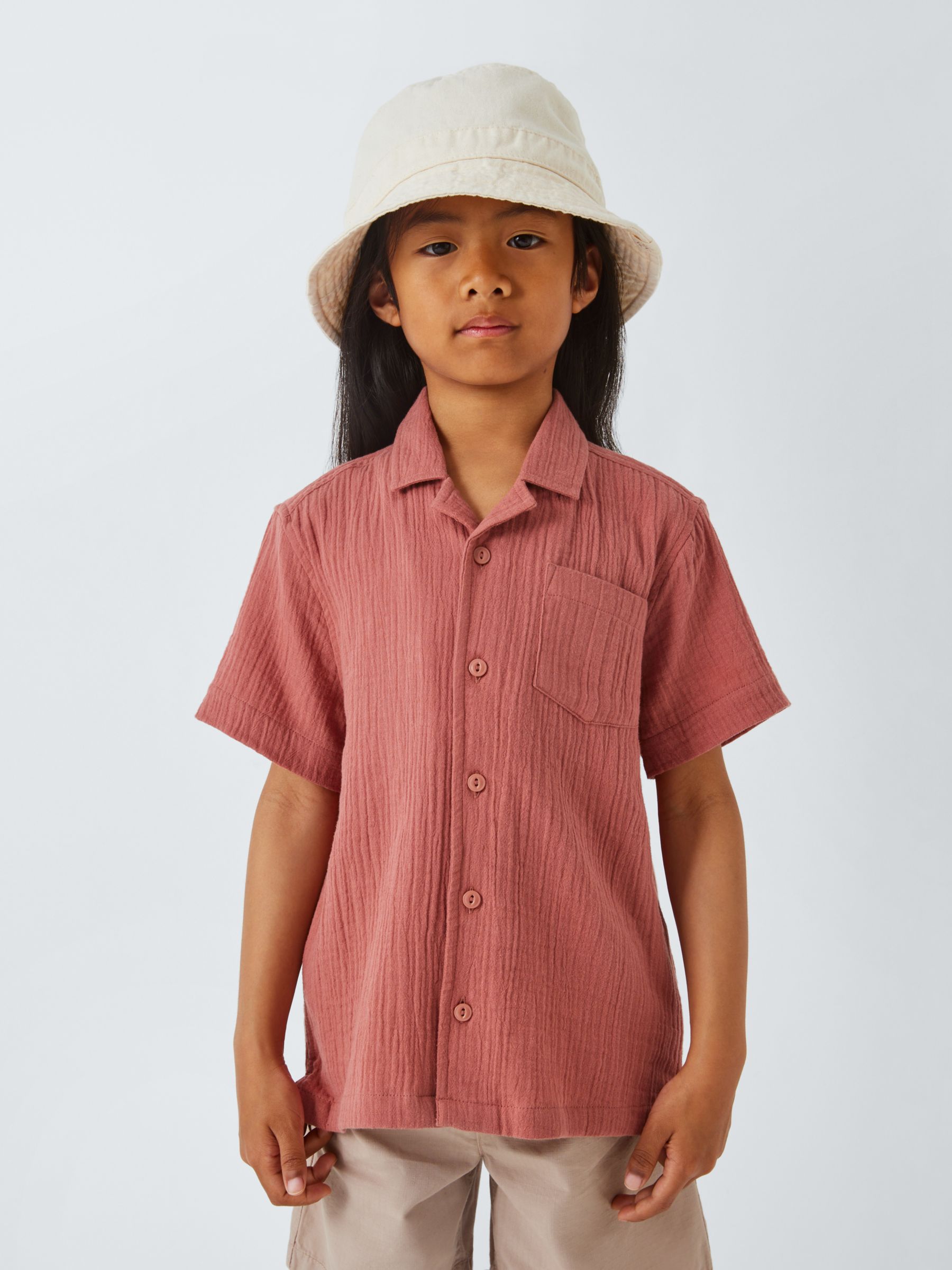 John Lewis Kids' Cheesecloth Cotton Short Sleeve Shirt, Red, 6 years