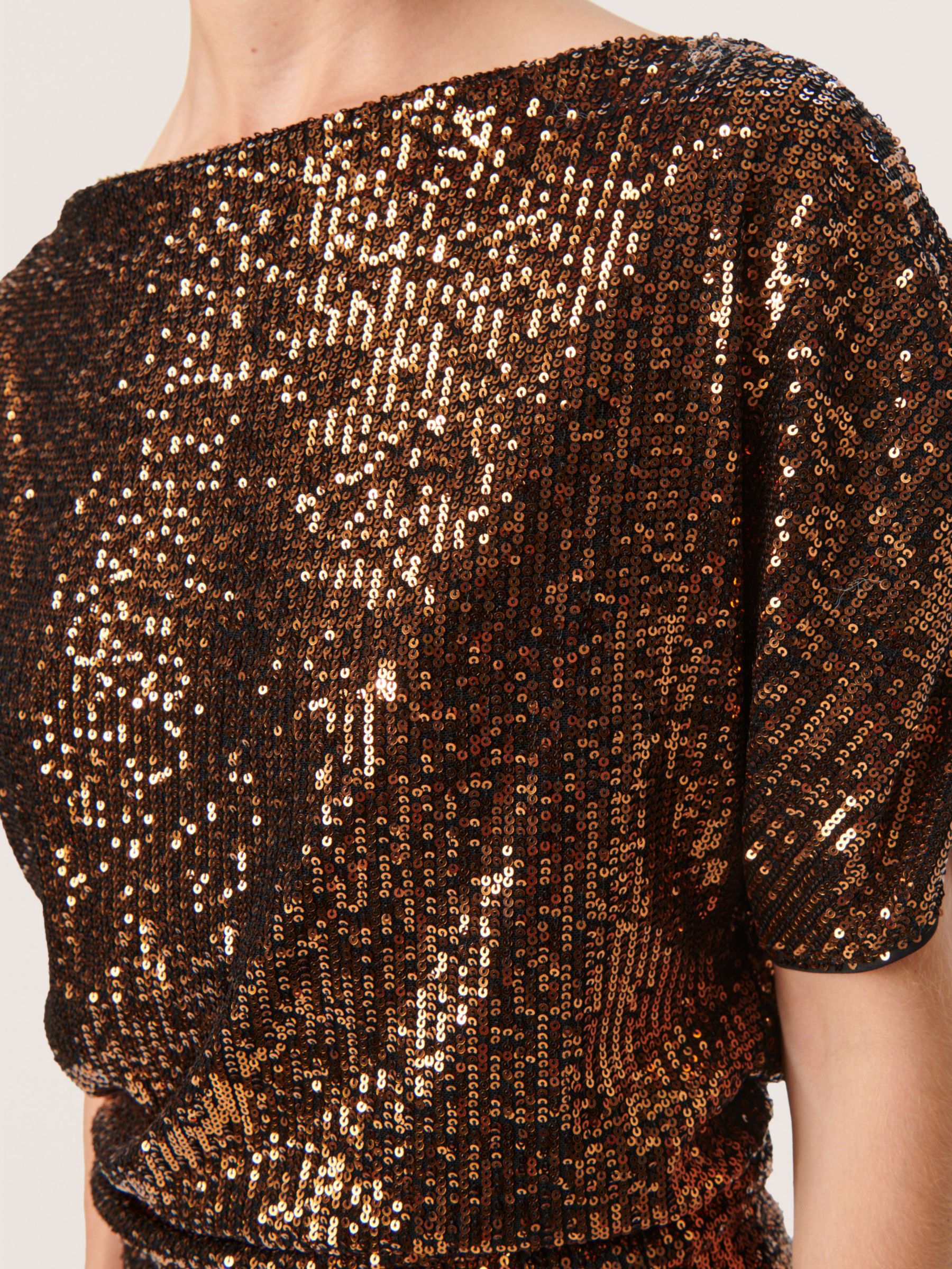 Soaked In Luxury Suse Asymmetrical Sleeve Sequin Top, Copper, L