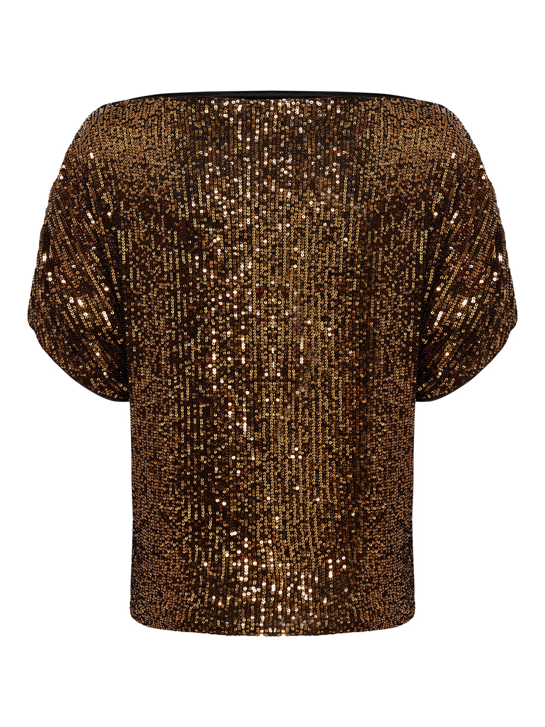 Soaked In Luxury Suse Asymmetrical Sleeve Sequin Top, Copper, L