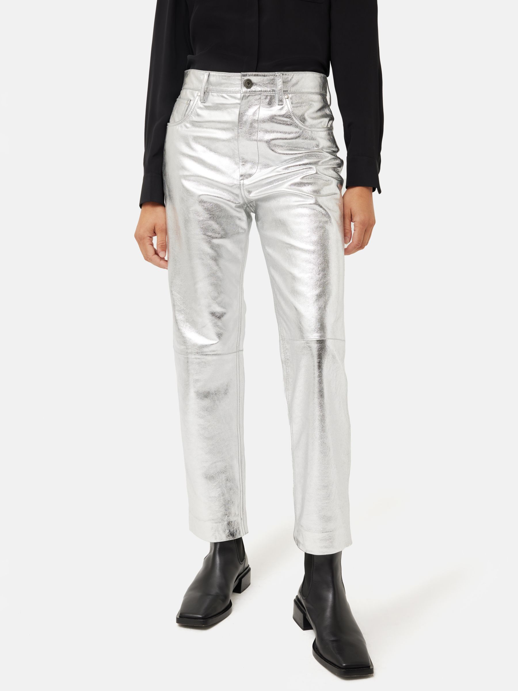 Jigsaw Metallic Leather Regent Jeans, Silver at John Lewis & Partners
