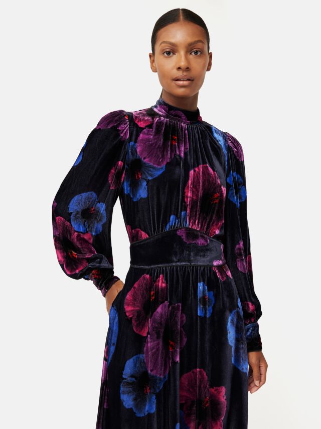 Jigsaw Winter Hibiscus Velvet Midi Dress, Purple/Multi, 6
