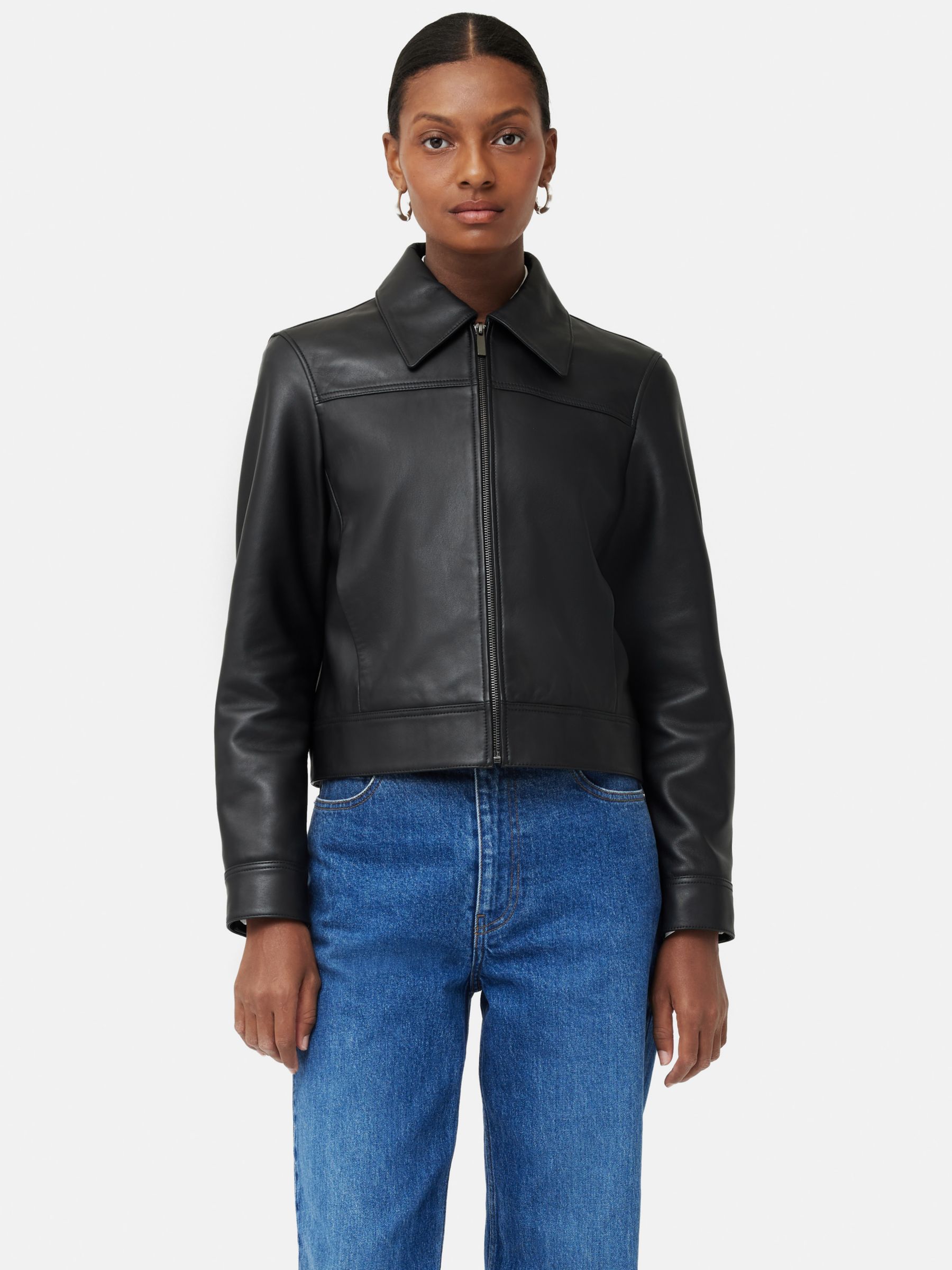 Jigsaw Leather Biker Jacket, Black at John Lewis & Partners