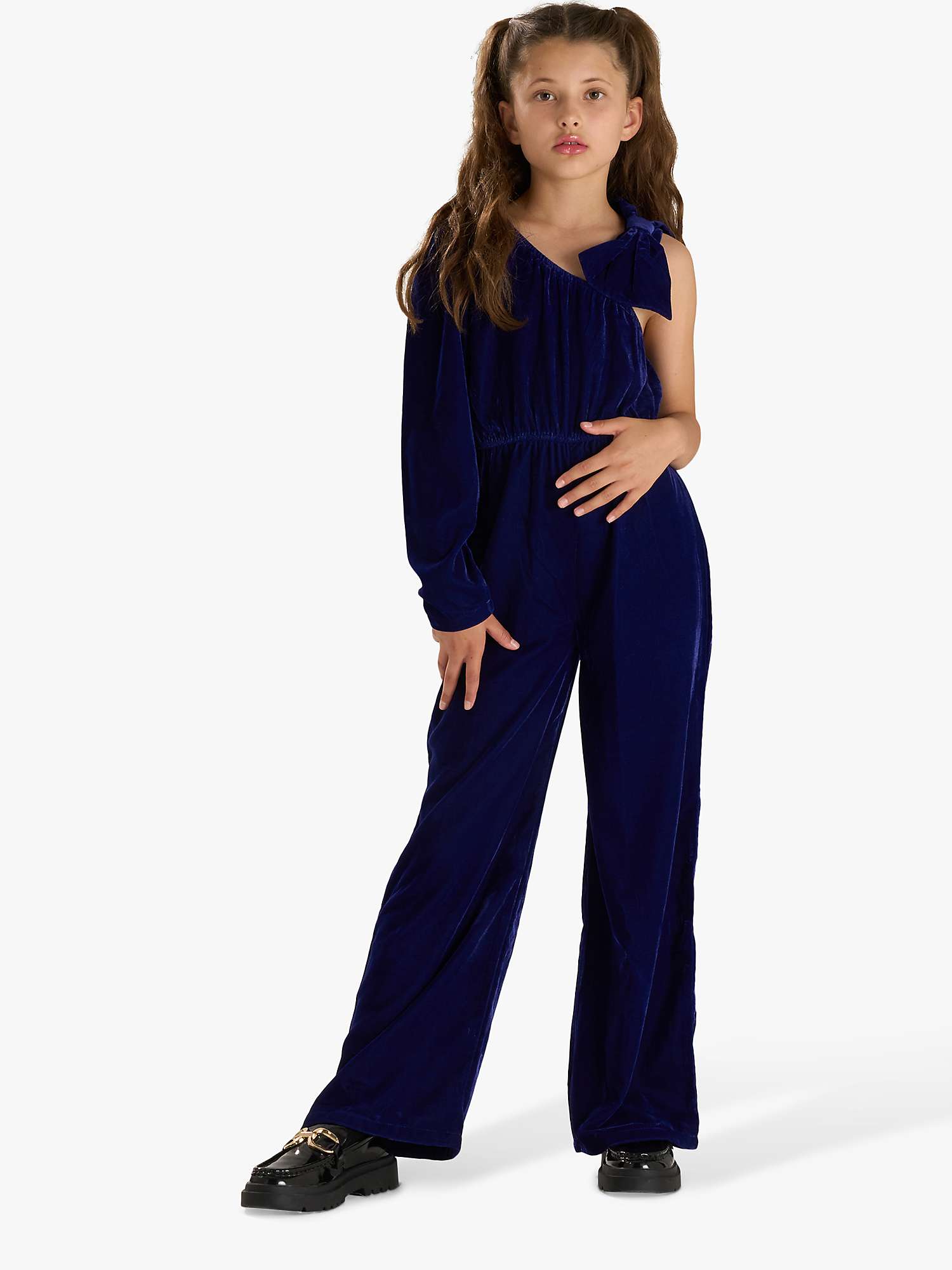 Buy Angel & Rocket Kids' Thea Bow Shoulder Velvet Jumpsuit, Blue Online at johnlewis.com