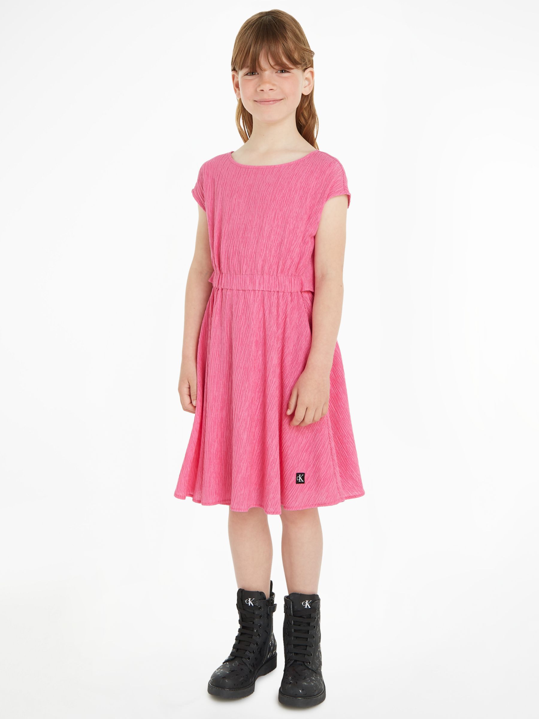 Buy Calvin Klein Kids' Crinkle Fit and Flare Dress, Pink Amour Online at johnlewis.com