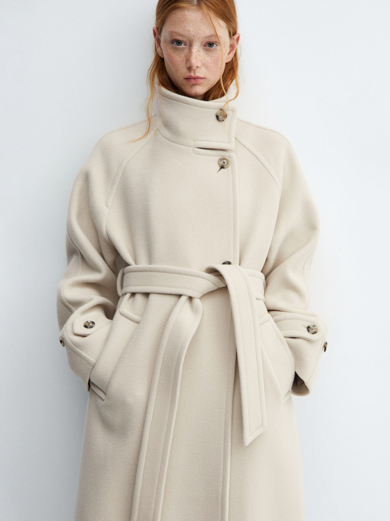 Mango Sublim Single Breast Turtle Neck Wool Blend Coat, Light Beige