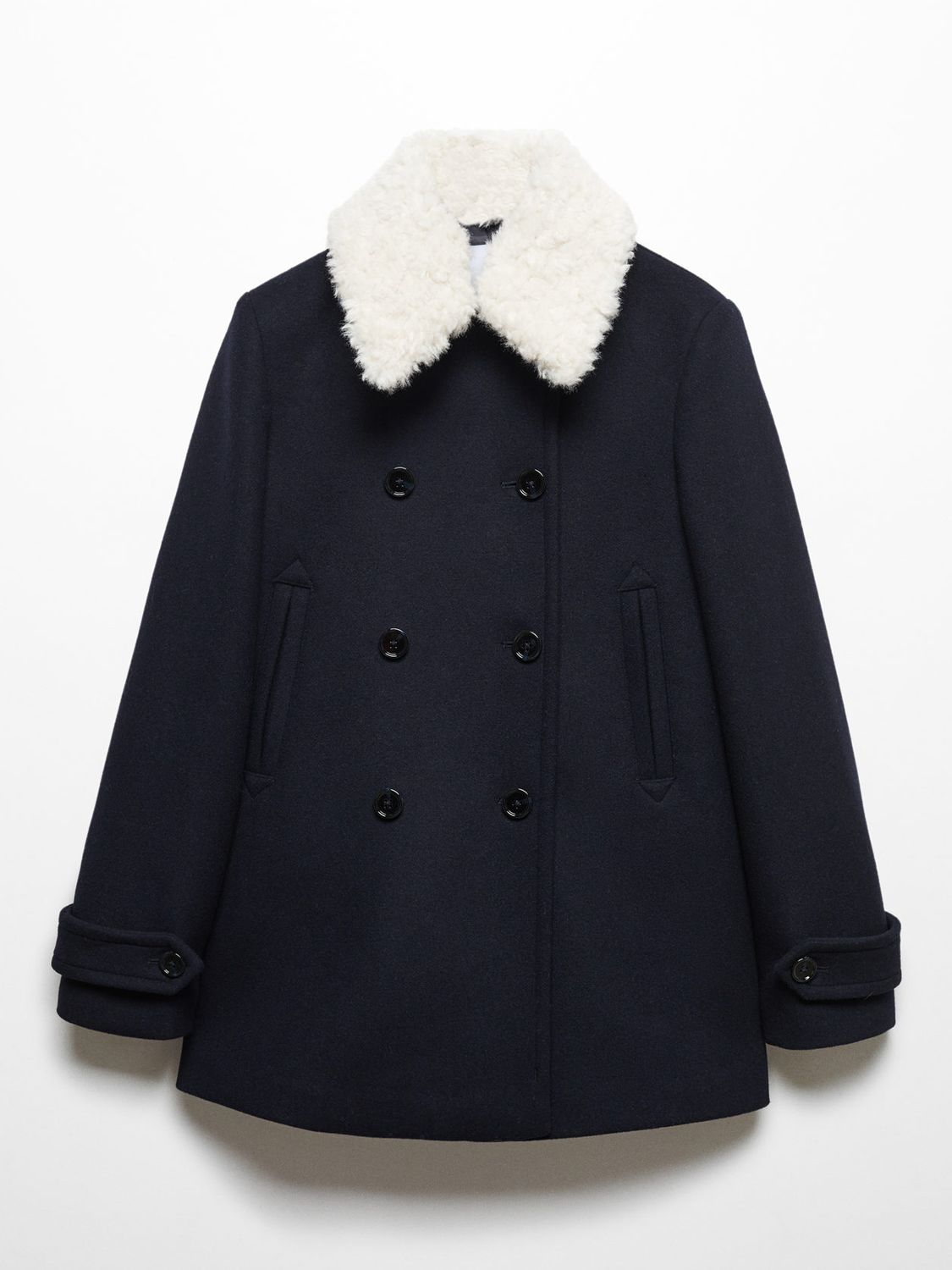 Mango Popeye Double Breasted Faux Fur Collar Coat, Navy