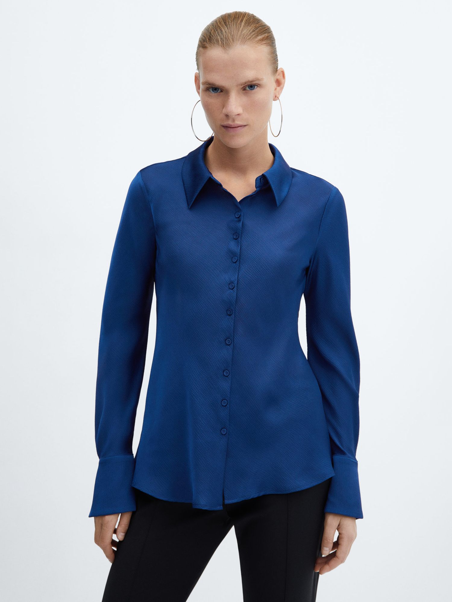 Mango Twisty Satin Textured Shirt, Medium Blue at John Lewis & Partners
