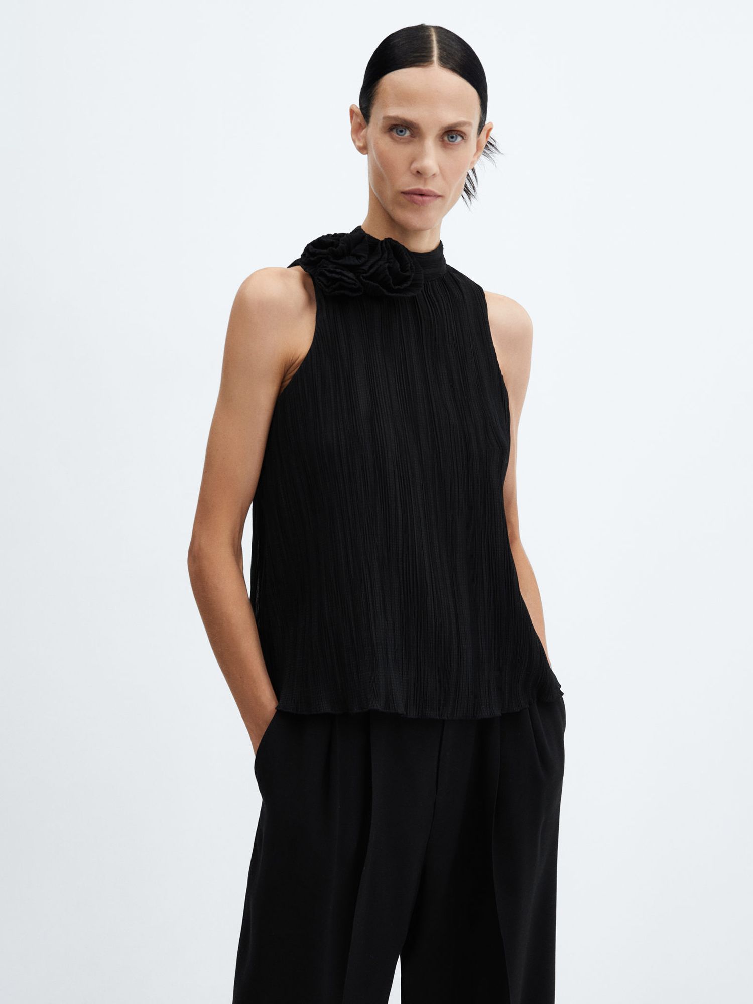 Mango Flori Flower Texture Blouse, Black at John Lewis & Partners