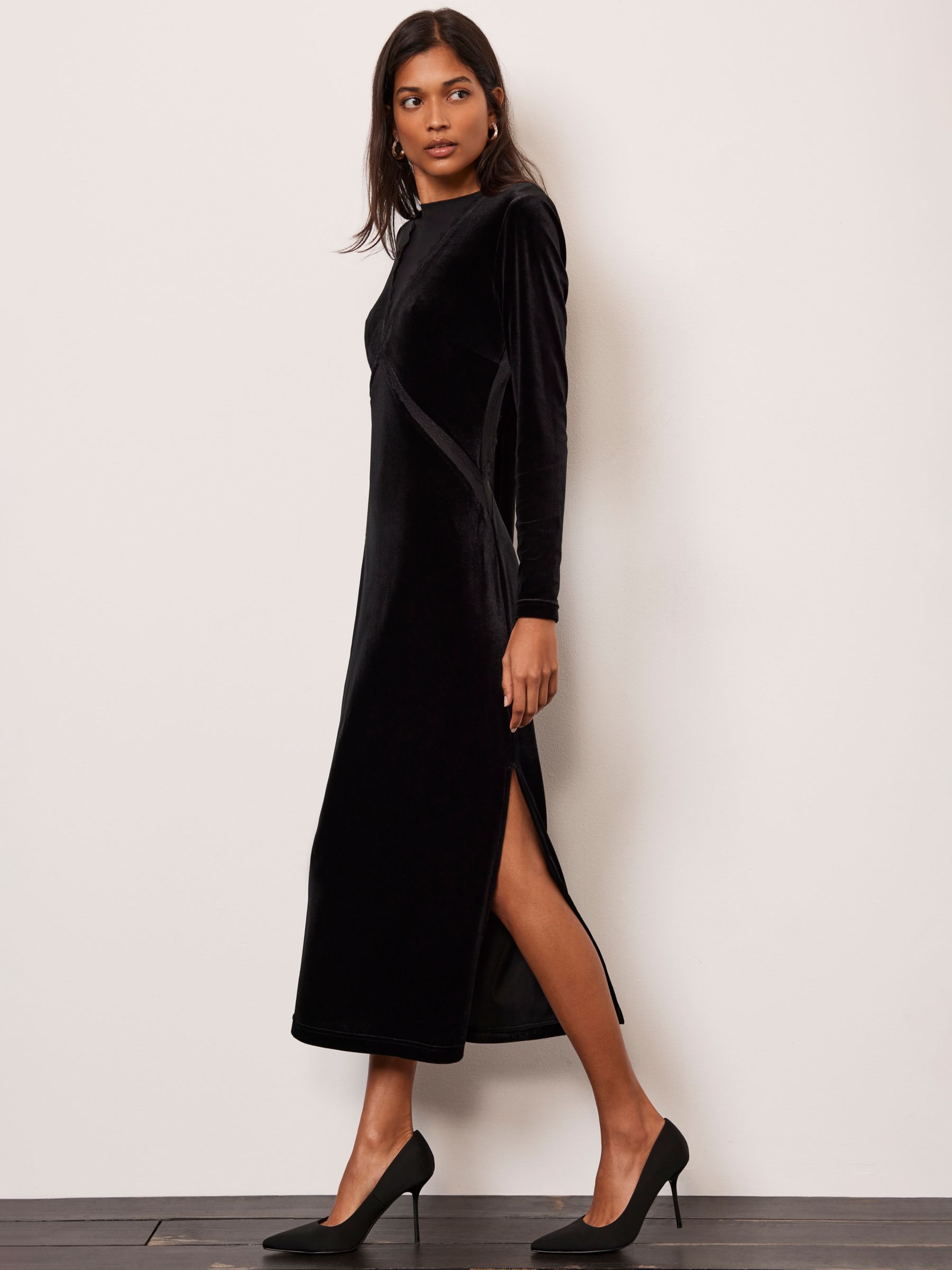 Mint Velvet Crinkle Velvet Midi Dress, Black at John Lewis & Partners