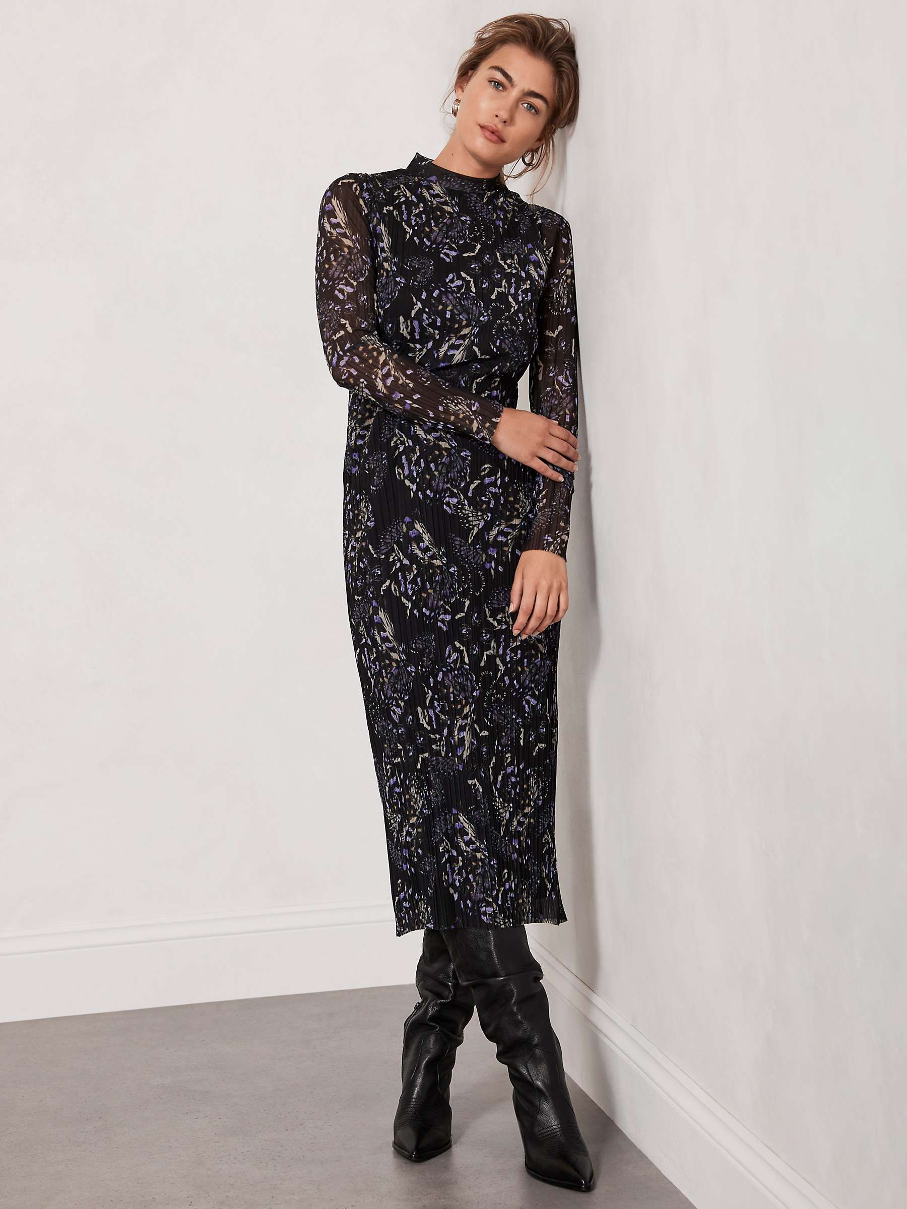 Buy Mint Velvet Crinkle Floral Midi Dress, Black/Multi Online at johnlewis.com