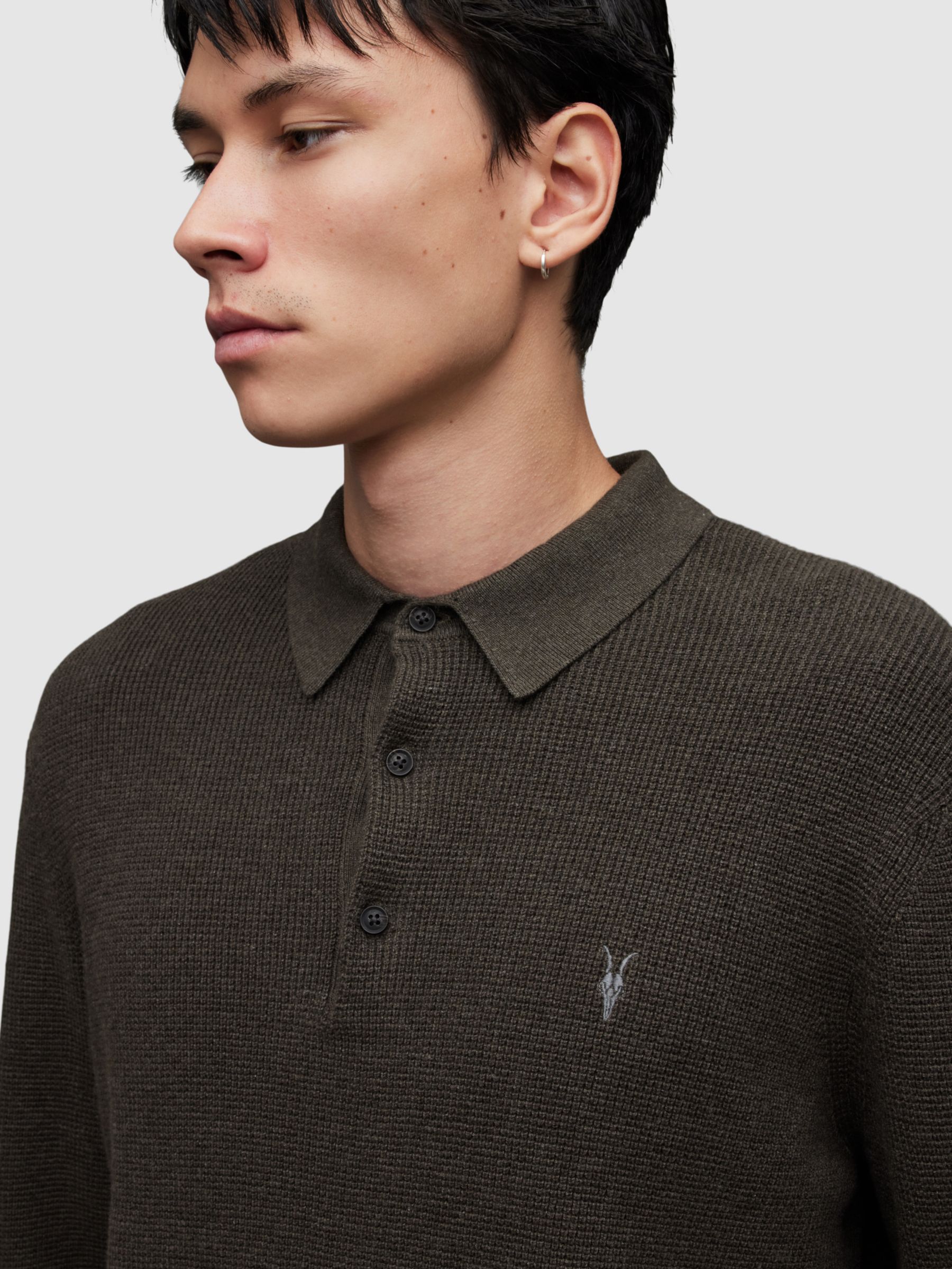 AllSaints Aspen Long Sleeve Polo Shirt, Dark Green at John Lewis & Partners