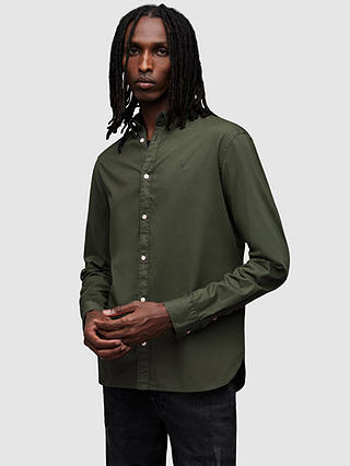 ALLSaints Hawthorn Organic Cotton Blend Long Sleeve Shirt, Dark Ivy Green