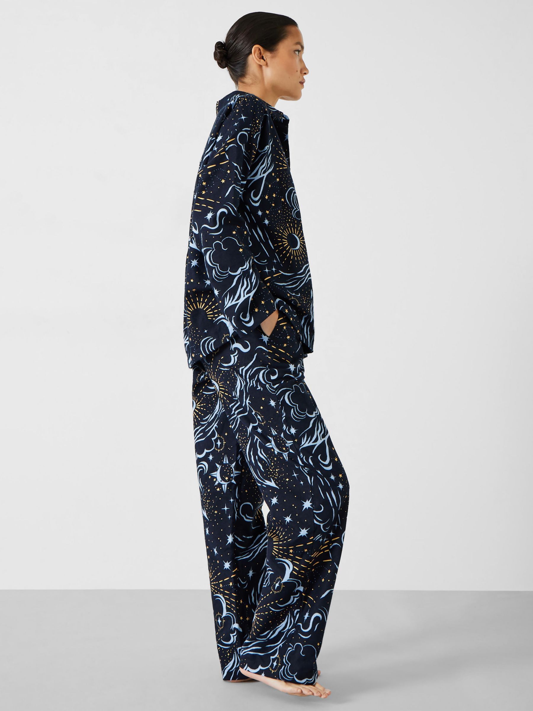 HUSH Sadie Cotton Flannel Celestial Sky Pyjamas, Navy/Multi, XS