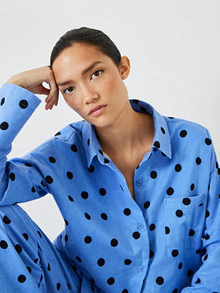 HUSH Sadie Cotton Flannel Polka Dot Pyjamas, Blue/Black