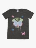 Hype Kids' Acid Wash Butterfly Print T-Shirt, Black/Multi