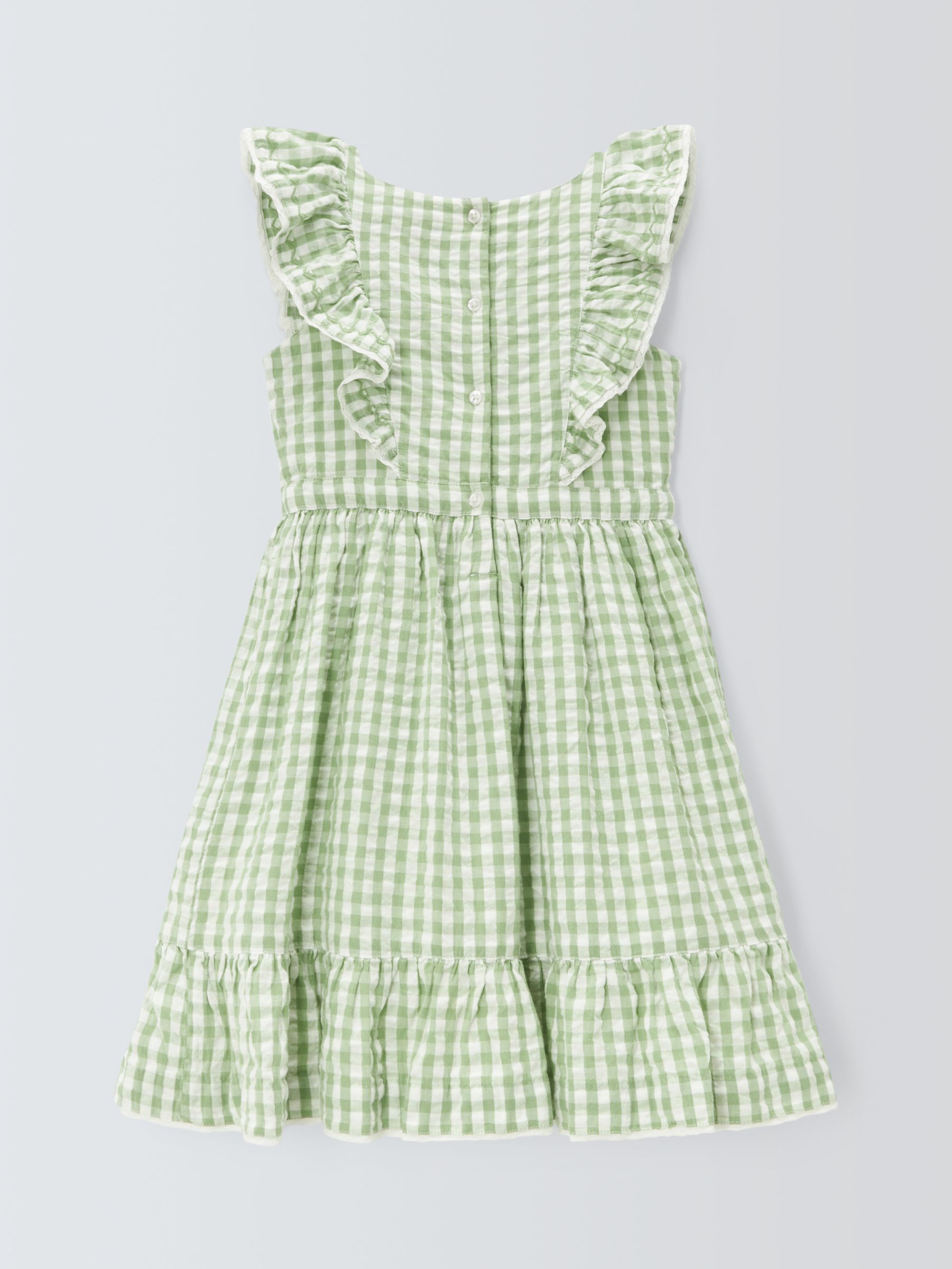 John Lewis Heirloom Collection Kids' Gingham Ruffle Dress, Green, 8 years