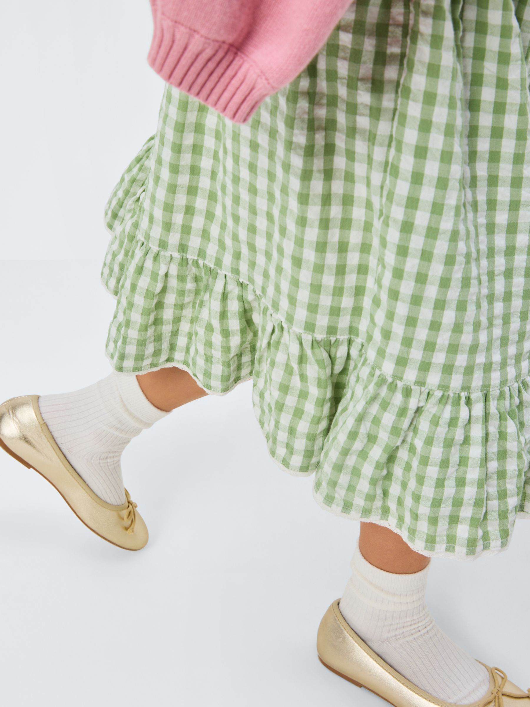John Lewis Heirloom Collection Kids' Gingham Ruffle Dress, Green, 8 years