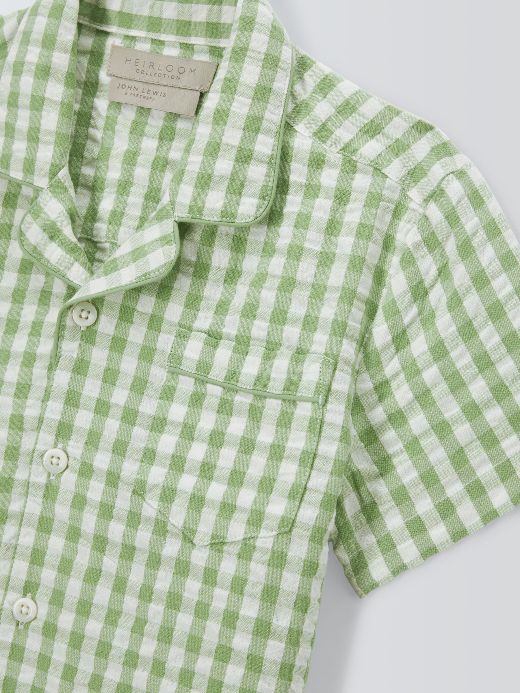 John Lewis Heirloom Collection Cheesecloth Cotton Gingham Shirt, Green, 8 years